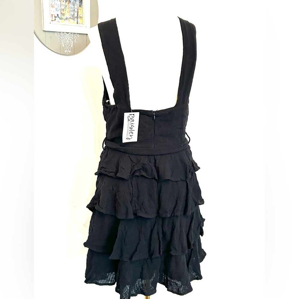 Paisley Womens Mini Dress Black Plunging Crossover V-Neck Waist Tie Tiered Skirt - Picture 5 of 11